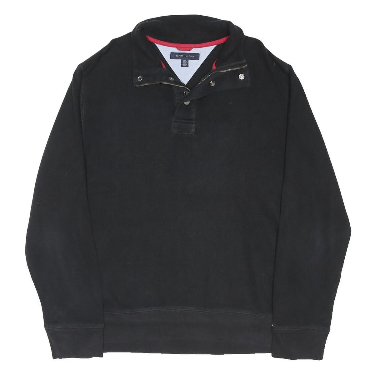 TOMMY HILFIGER Mens Black Button Pullover Plain Crew Neck Basic Knit L Cotton