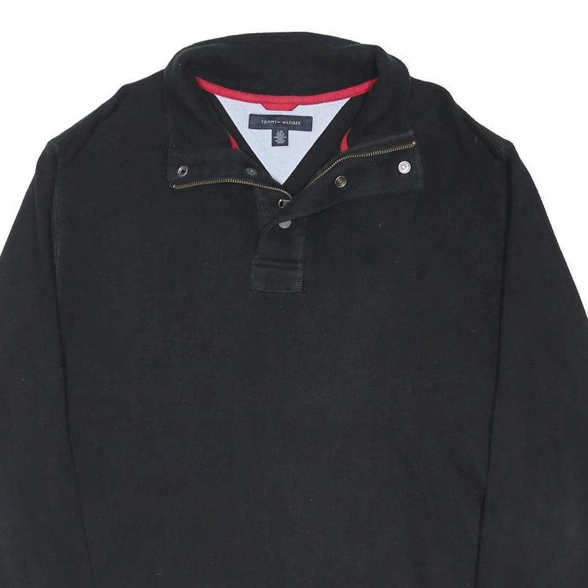 TOMMY HILFIGER Mens Black Button Pullover Plain Crew Neck Basic Knit L Cotton