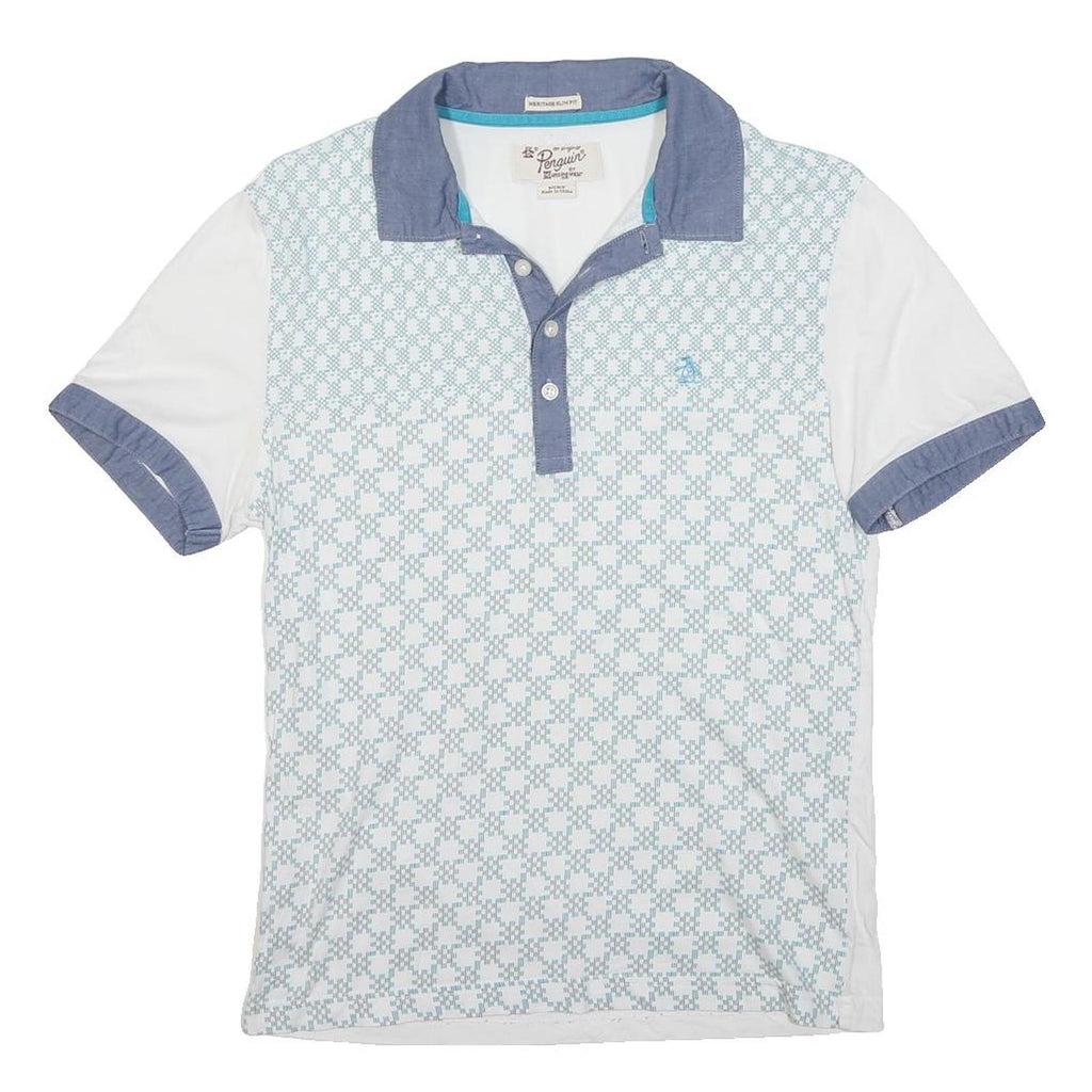 ORIGINAL PENGUIN Mens White & Blue Short Sleeve Geometric Polo Shirt S Casual
