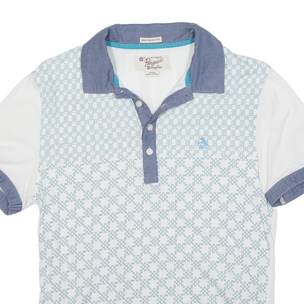 ORIGINAL PENGUIN Mens White & Blue Short Sleeve Geometric Polo Shirt S Casual