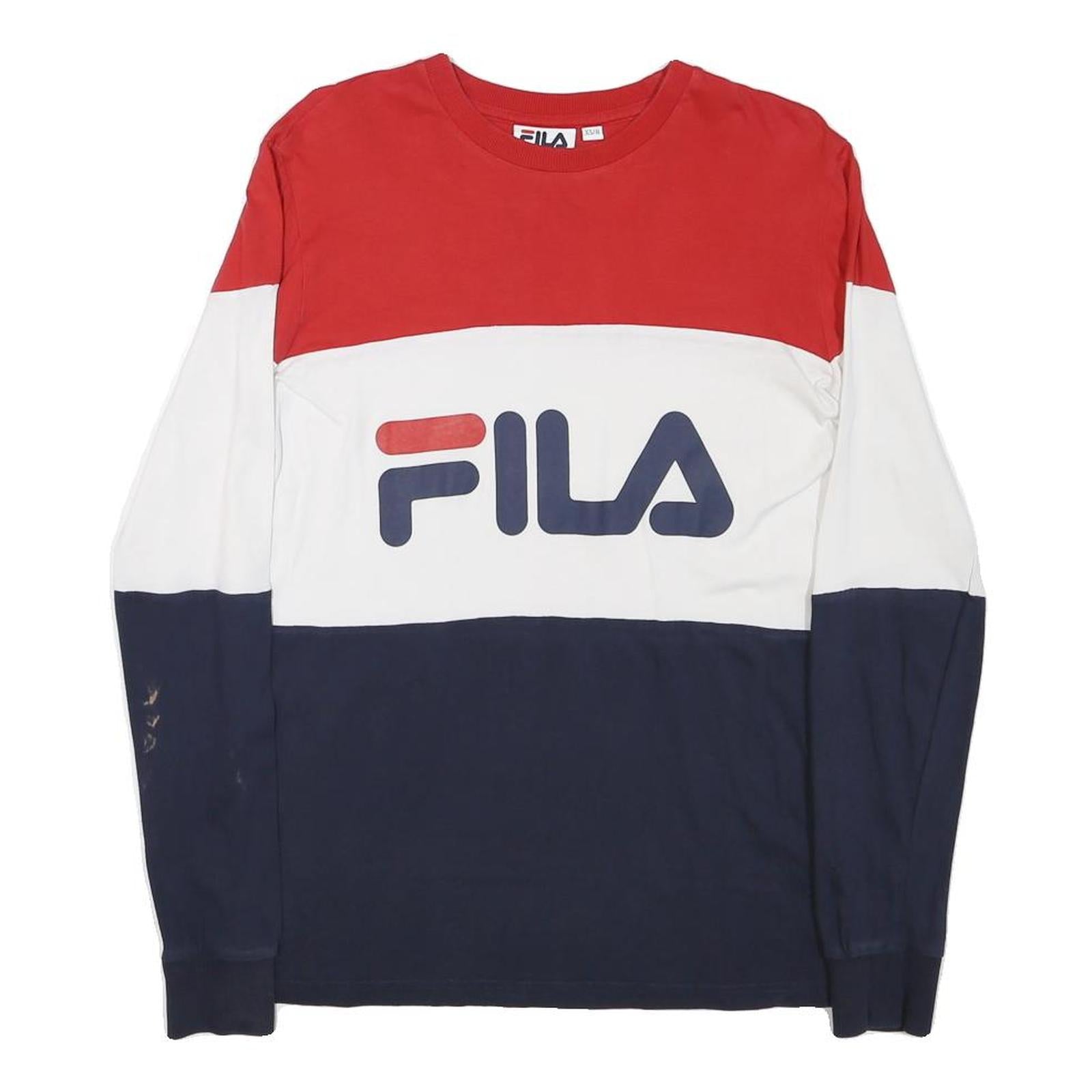 FILA Mens Red & White & Navy Long Sleeve Crew Neck Logo T-Shirt XS Cotton Blend