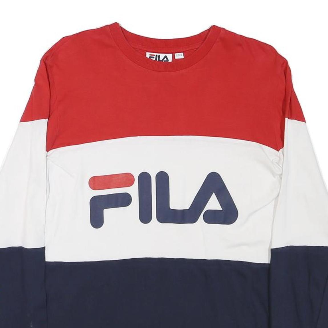FILA Mens Red & White & Navy Long Sleeve Crew Neck Logo T-Shirt XS Cotton Blend