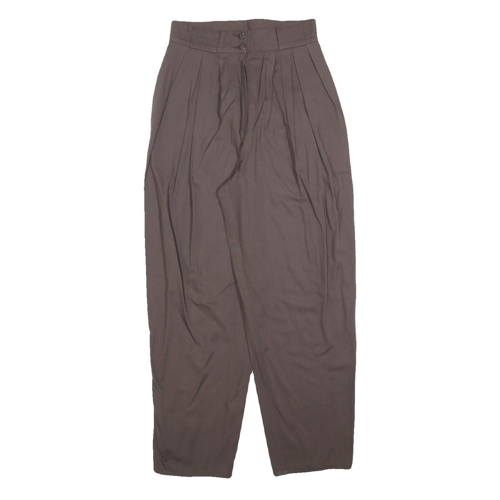 Womens Relaxed Fit Brown Polyester Blend Trousers W25 L27 Pleated Zip Pocket