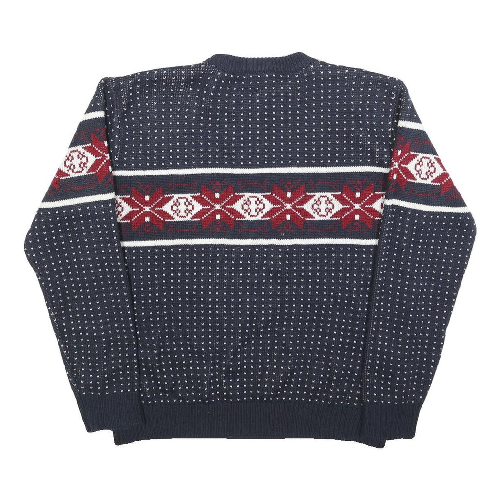 POP Mens Navy Blue & Red Patterned Acrylic Jumper Crew Neck Basic Knit XL