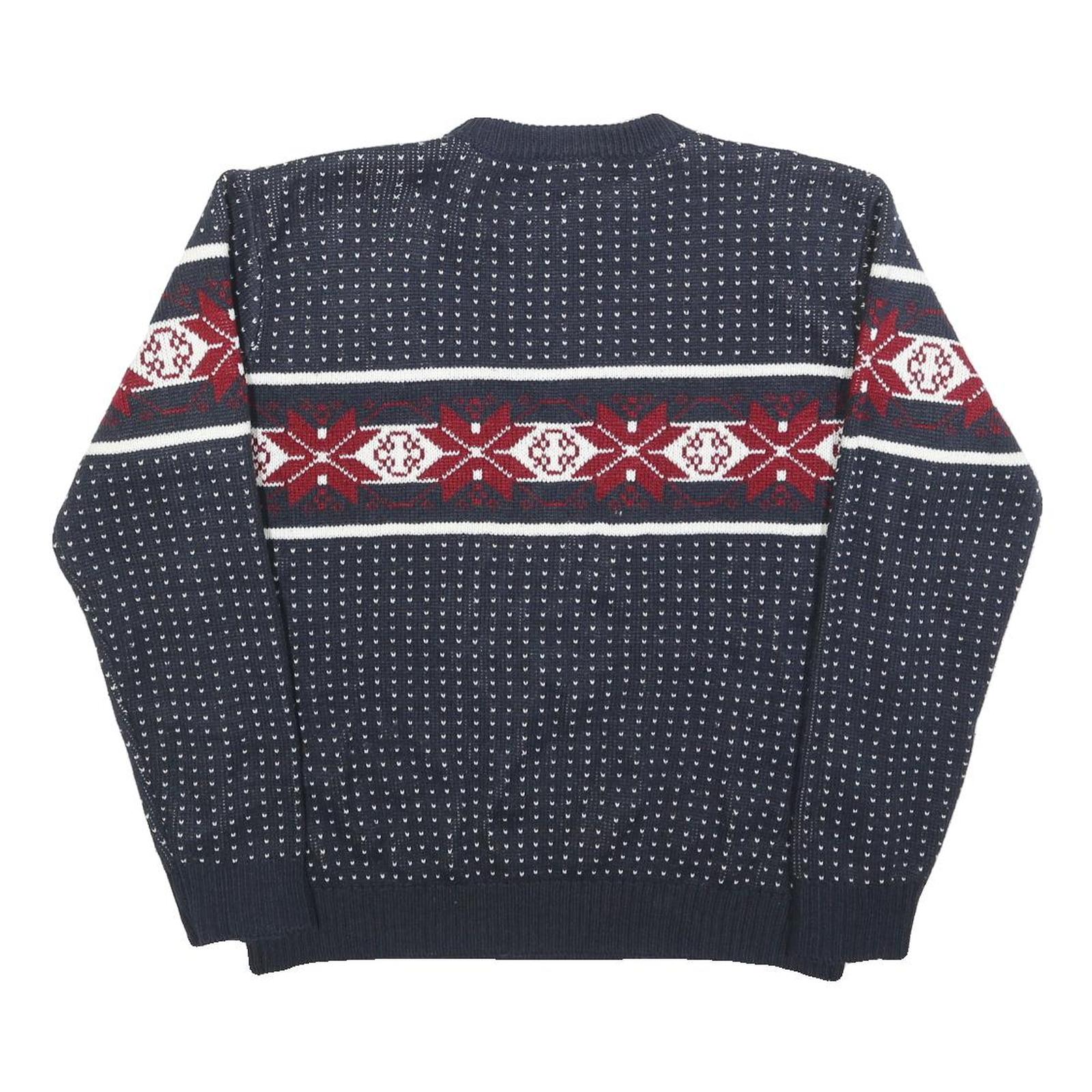 POP Mens Navy Blue & Red Patterned Acrylic Jumper Crew Neck Basic Knit XL