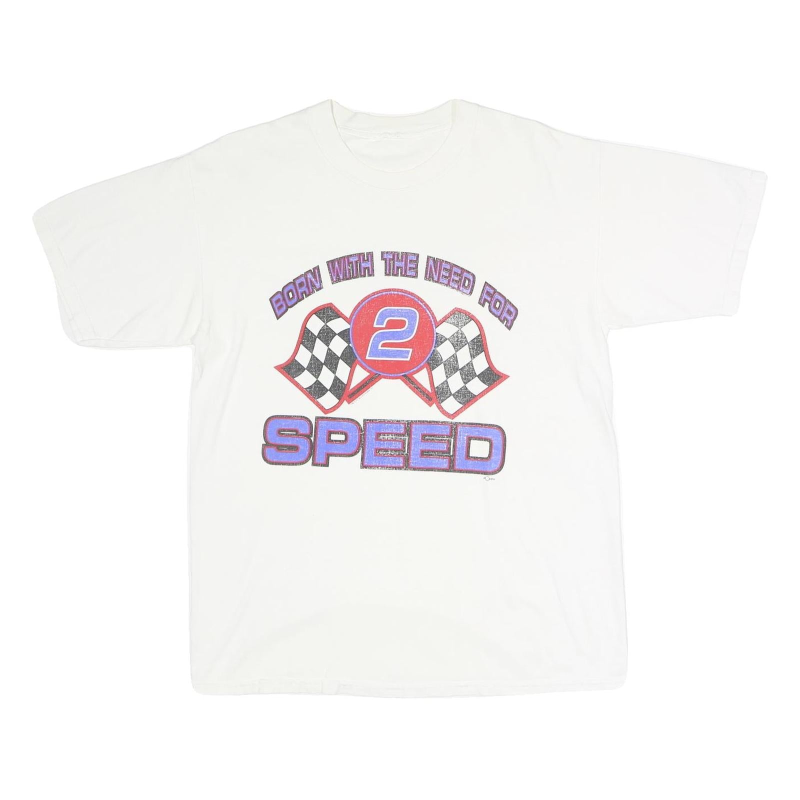 Mens White Cotton Graphic T-Shirt L Short Sleeve Crew Neck Vintage Racing Style