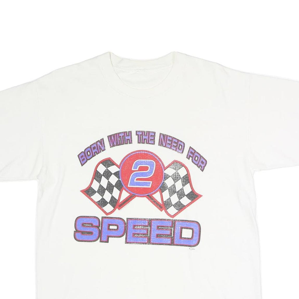 Mens White Cotton Graphic T-Shirt L Short Sleeve Crew Neck Vintage Racing Style
