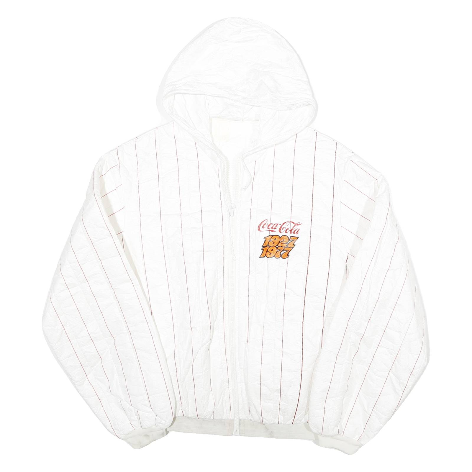 COCA COLA Womens White & Red Outdoor Hooded Jacket L Polyester Blend Pinstripe