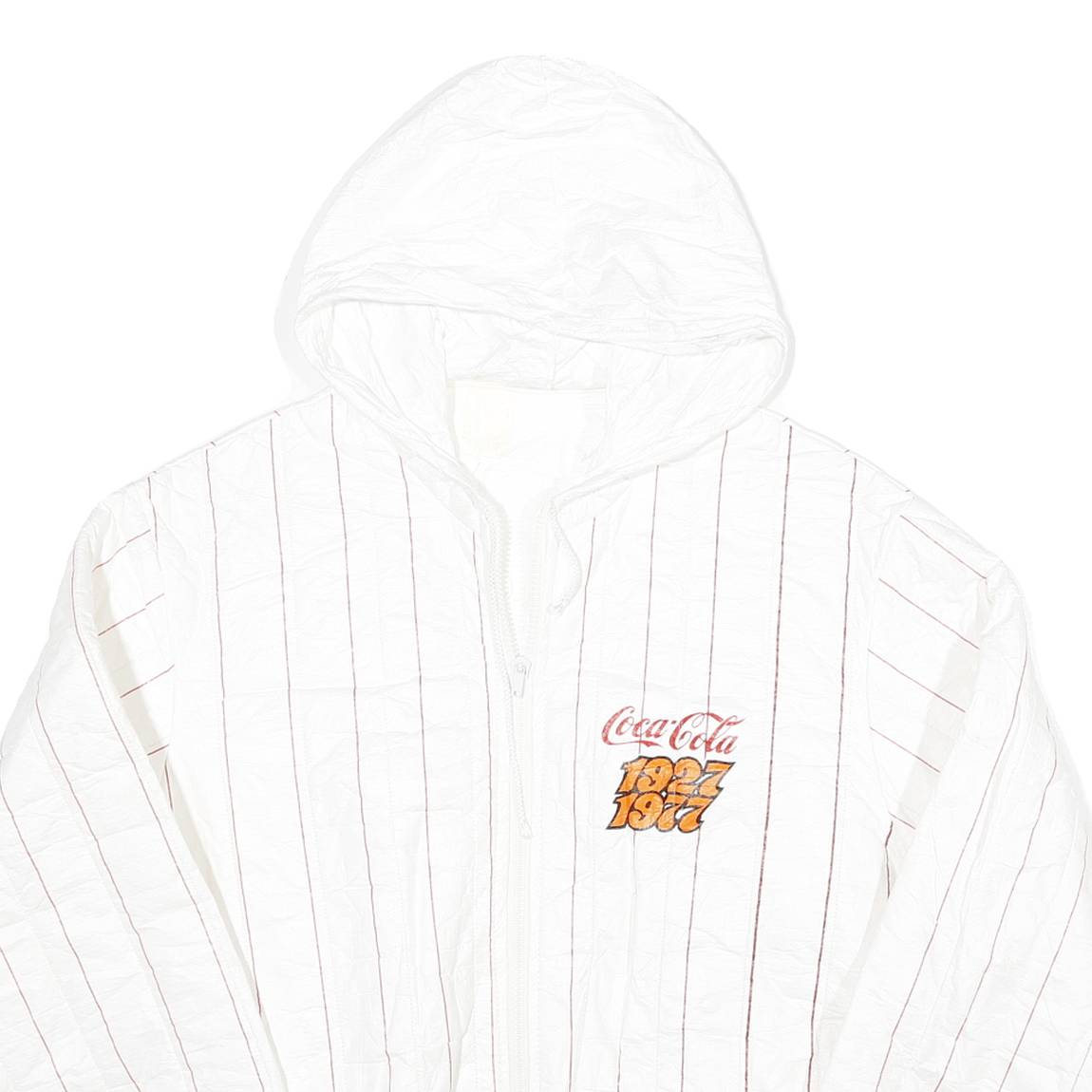 COCA COLA Womens White & Red Outdoor Hooded Jacket L Polyester Blend Pinstripe