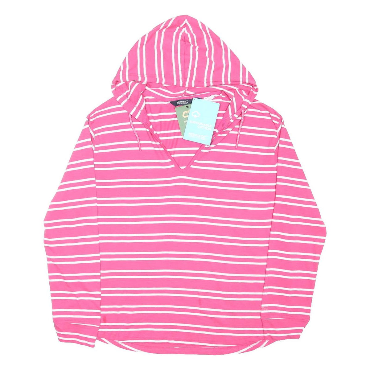 REGATTA Womens Pink & White Striped Hoodie UK 18 Cotton Blend Casual Pullover