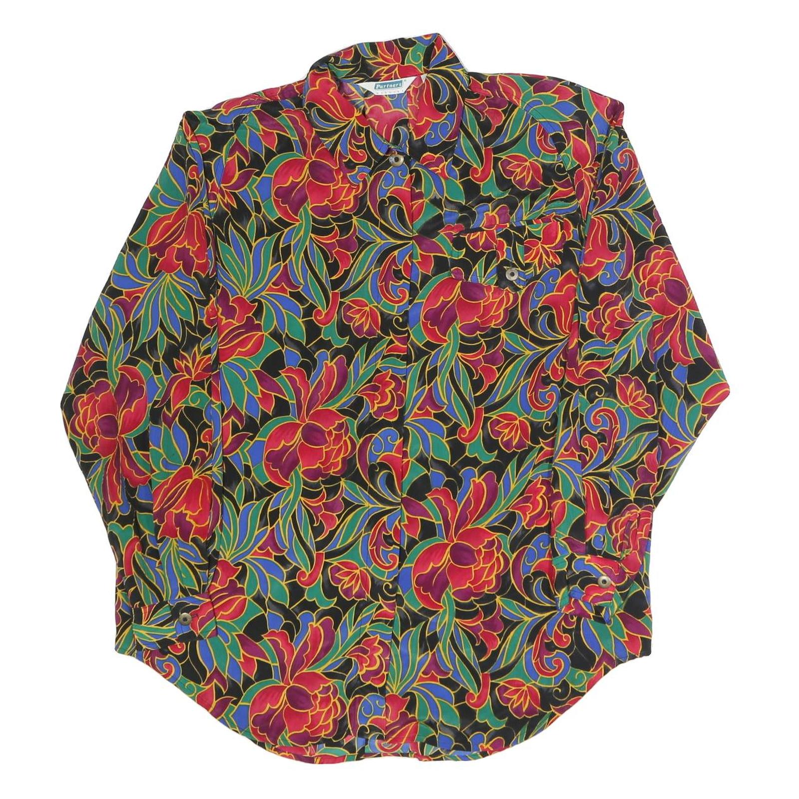 PARTNERS Womens Black Floral Shirt Long Sleeve Collared L Polyester Blend Blouse