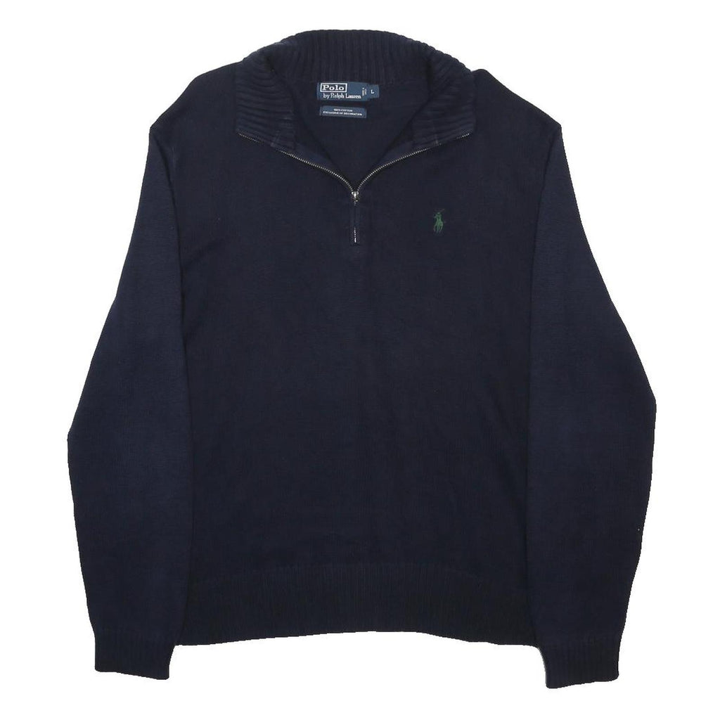 POLO RALPH LAUREN Mens Navy Blue Pullover Plain Cotton Jumper Quarter Zip L