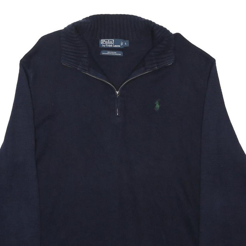 POLO RALPH LAUREN Mens Navy Blue Pullover Plain Cotton Jumper Quarter Zip L