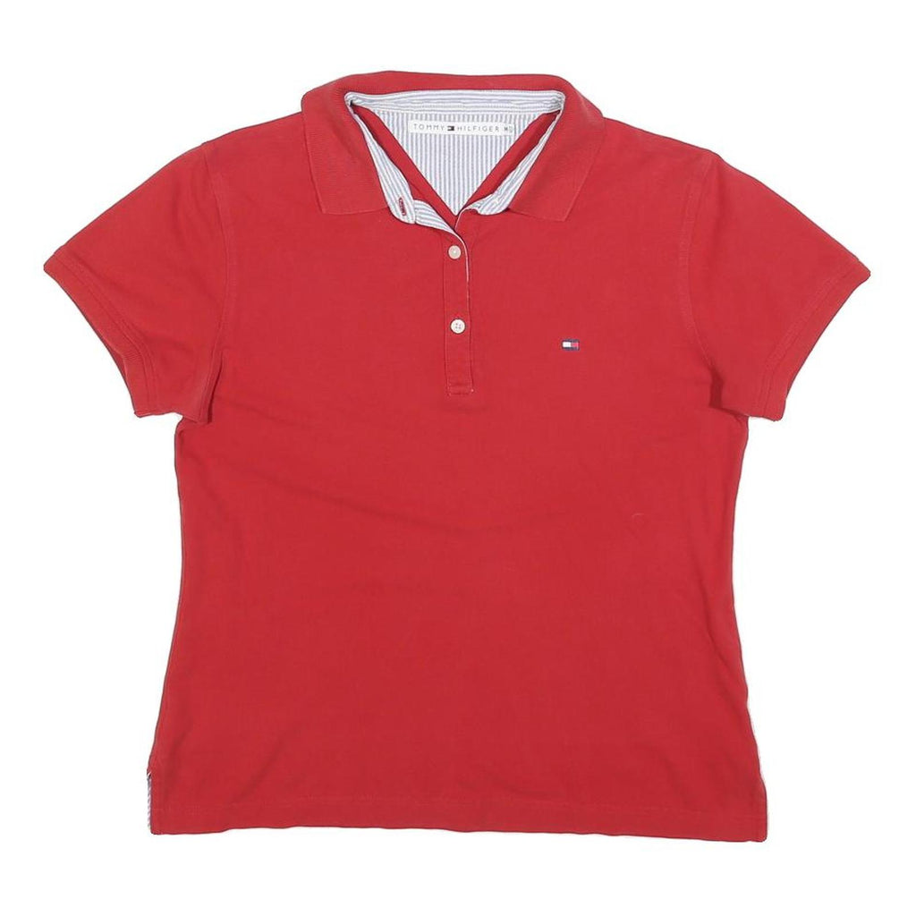 TOMMY HILFIGER Womens Red Short Sleeve Plain Polo Shirt M Cotton Blend Casual