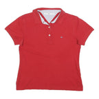 TOMMY HILFIGER Womens Red Short Sleeve Plain Polo Shirt M Cotton Blend Casual