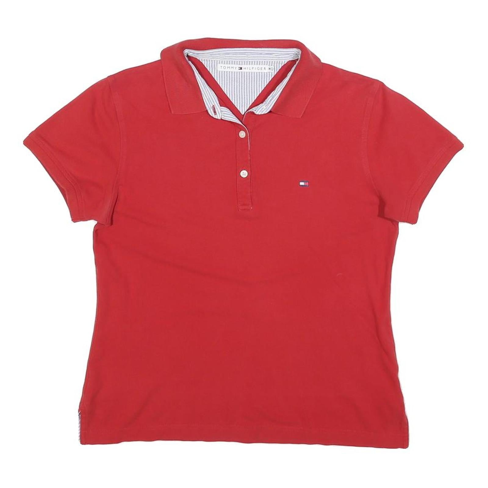 TOMMY HILFIGER Womens Red Short Sleeve Plain Polo Shirt M Cotton Blend Casual