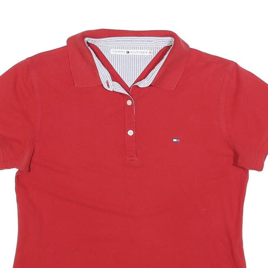 TOMMY HILFIGER Womens Red Short Sleeve Plain Polo Shirt M Cotton Blend Casual
