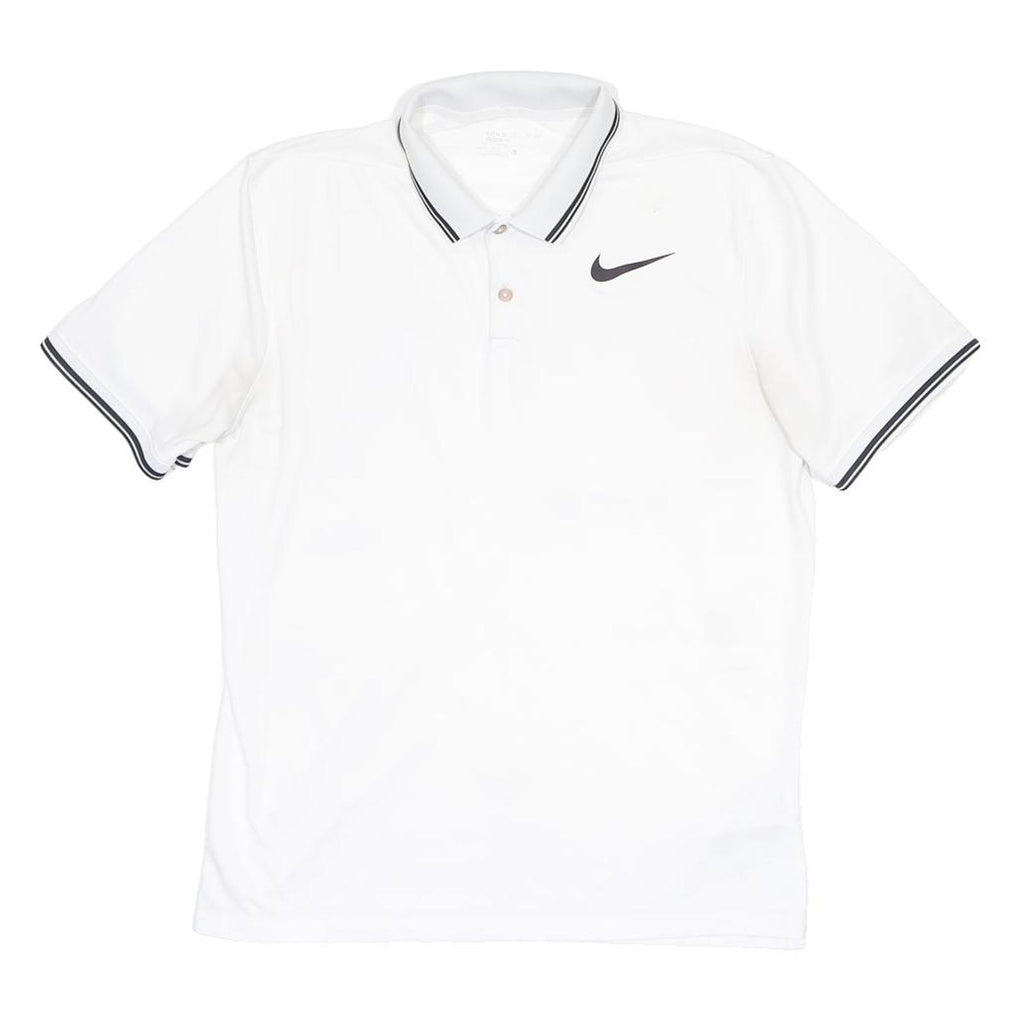 NIKE Mens White Polo Shirt L Short Sleeve Black Swoosh Logo Tipped Collar