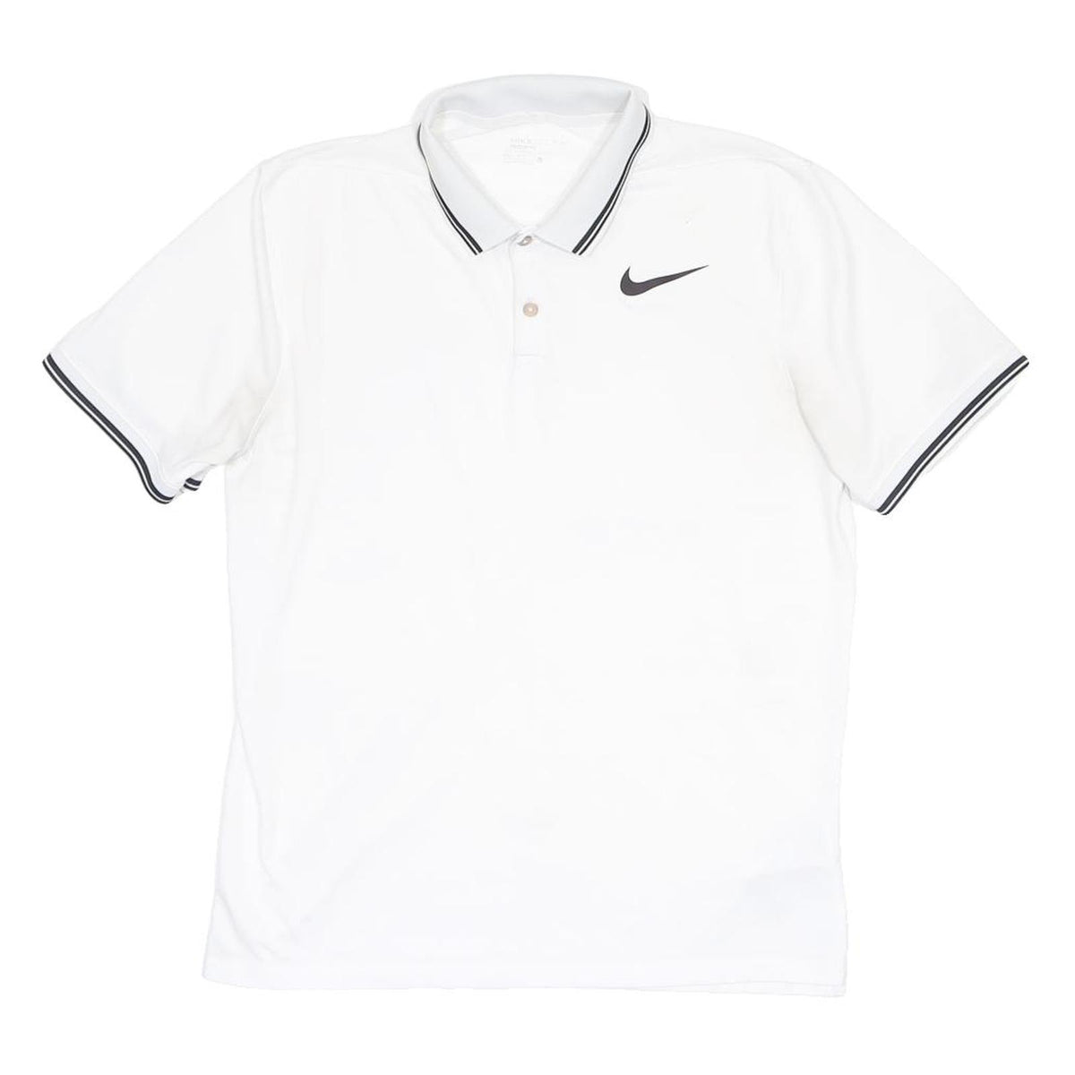 NIKE Mens White Polo Shirt L Short Sleeve Black Swoosh Logo Tipped Collar