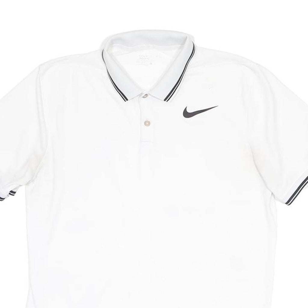 NIKE Mens White Polo Shirt L Short Sleeve Black Swoosh Logo Tipped Collar