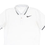 NIKE Mens White Polo Shirt L Short Sleeve Black Swoosh Logo Tipped Collar