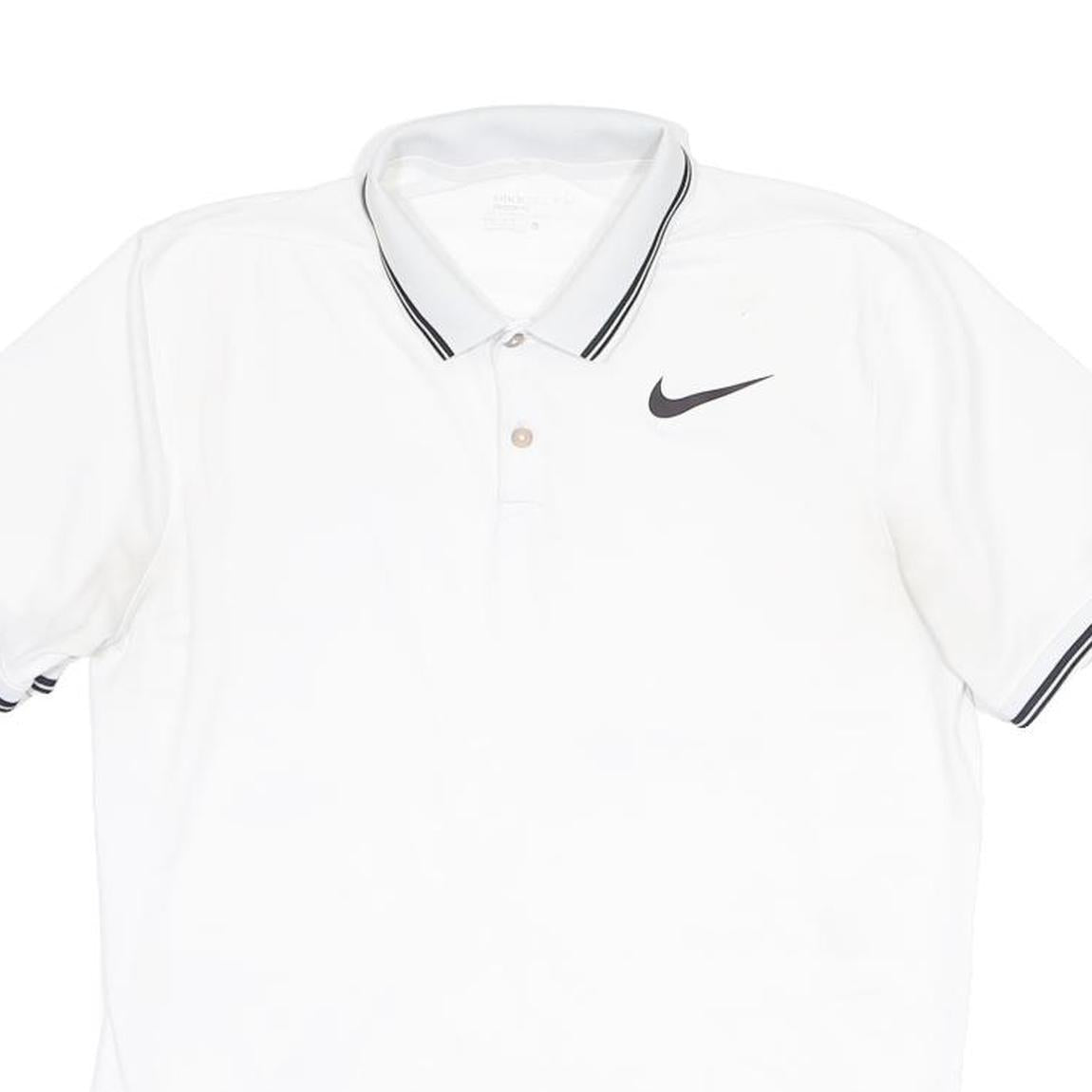 NIKE Mens White Polo Shirt L Short Sleeve Black Swoosh Logo Tipped Collar