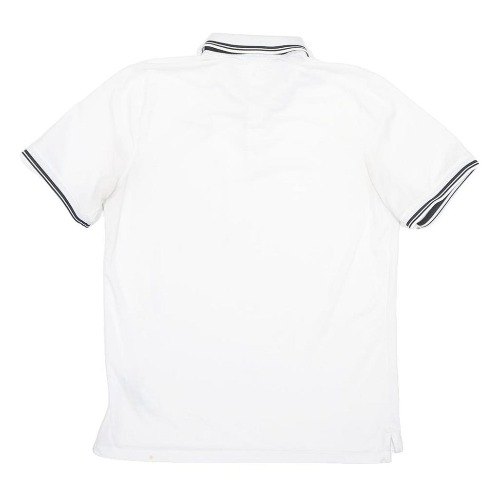 NIKE Mens White Polo Shirt L Short Sleeve Black Swoosh Logo Tipped Collar