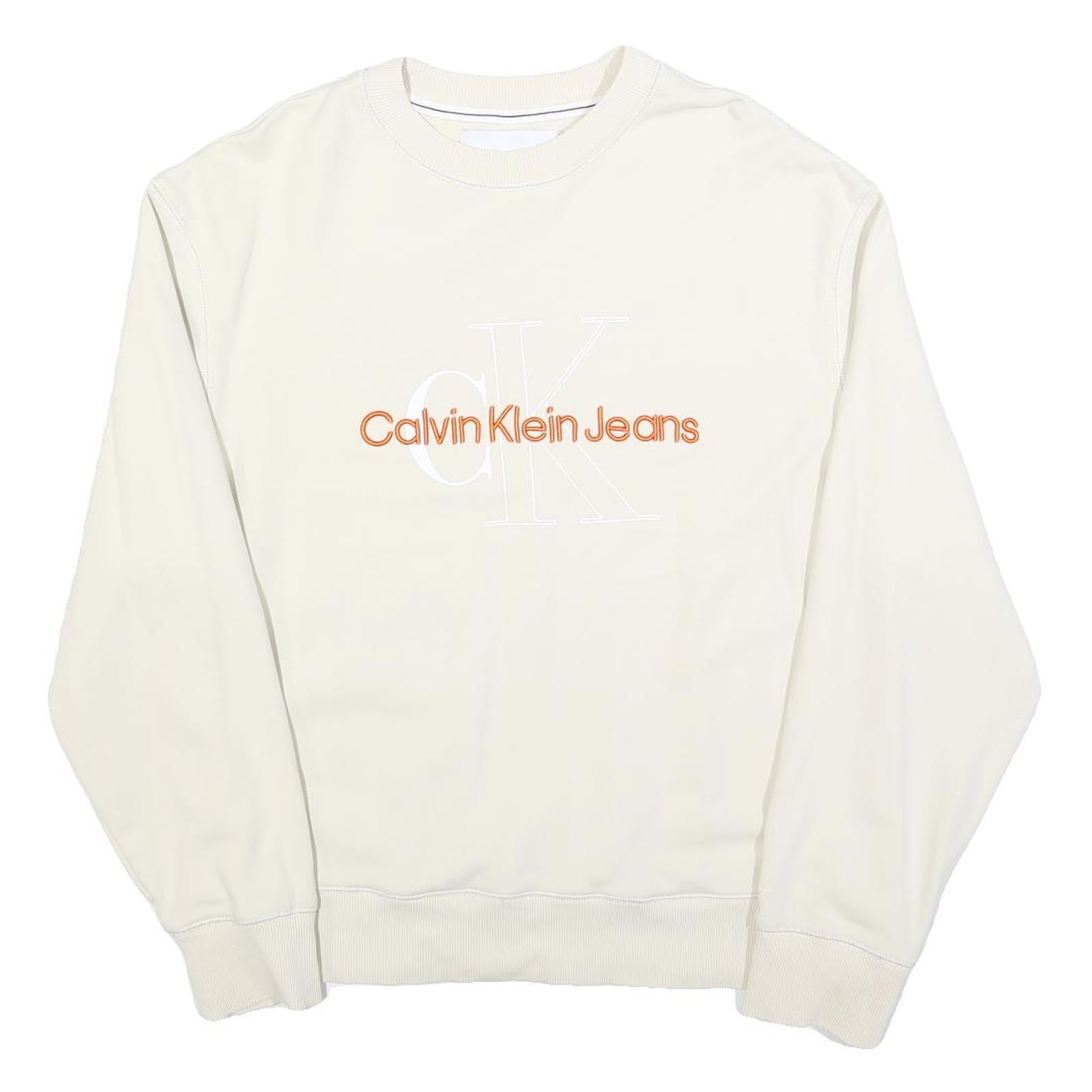 CALVIN KLEIN JEANS Mens Cream Sweatshirt Crew Neck M Cotton Pullover Logo
