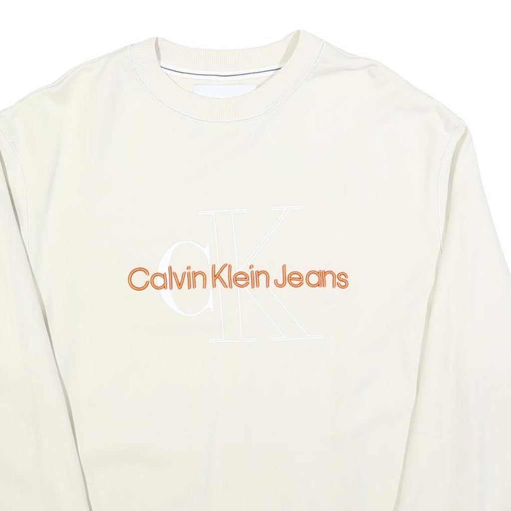 CALVIN KLEIN JEANS Mens Cream Sweatshirt Crew Neck M Cotton Pullover Logo