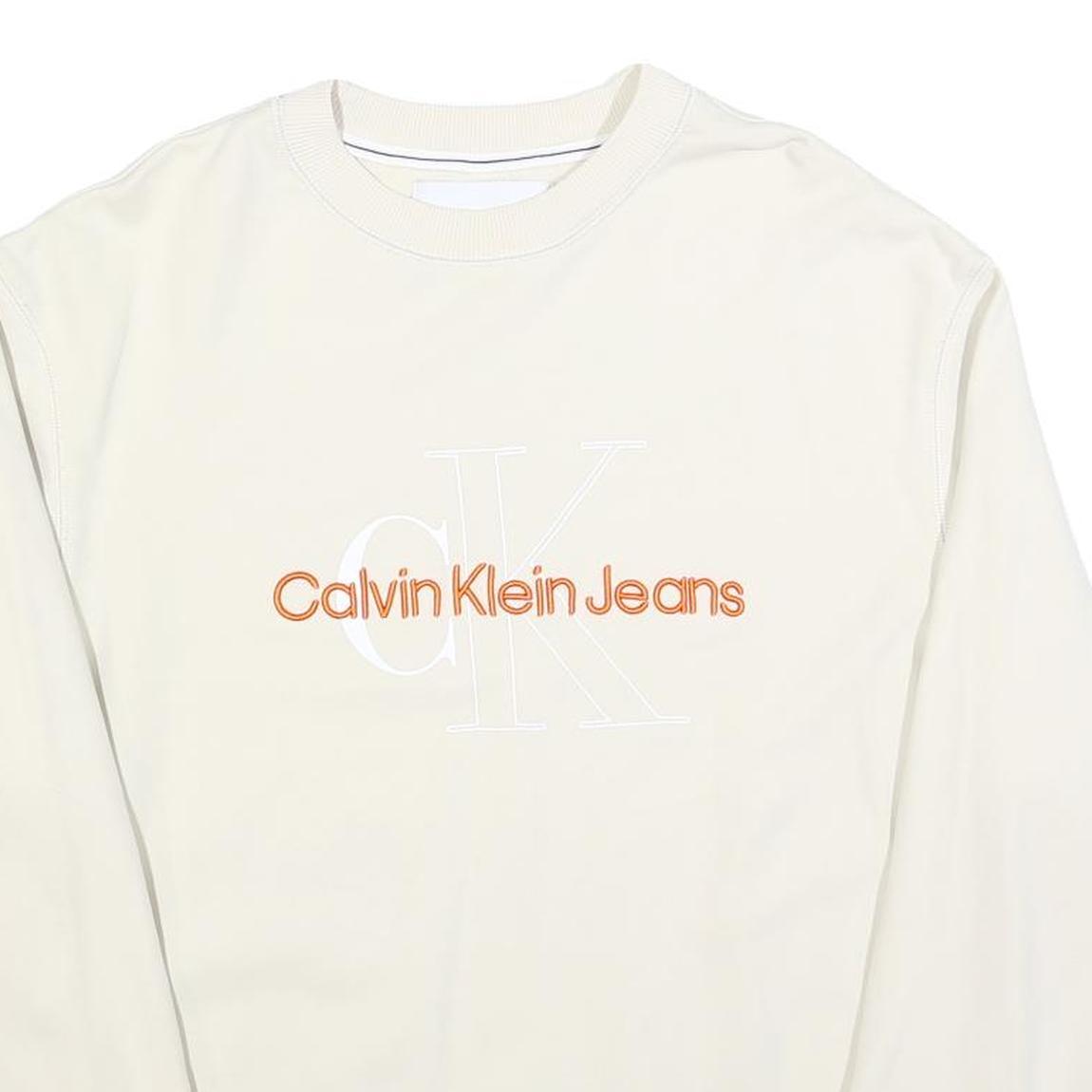 CALVIN KLEIN JEANS Mens Cream Sweatshirt Crew Neck M Cotton Pullover Logo