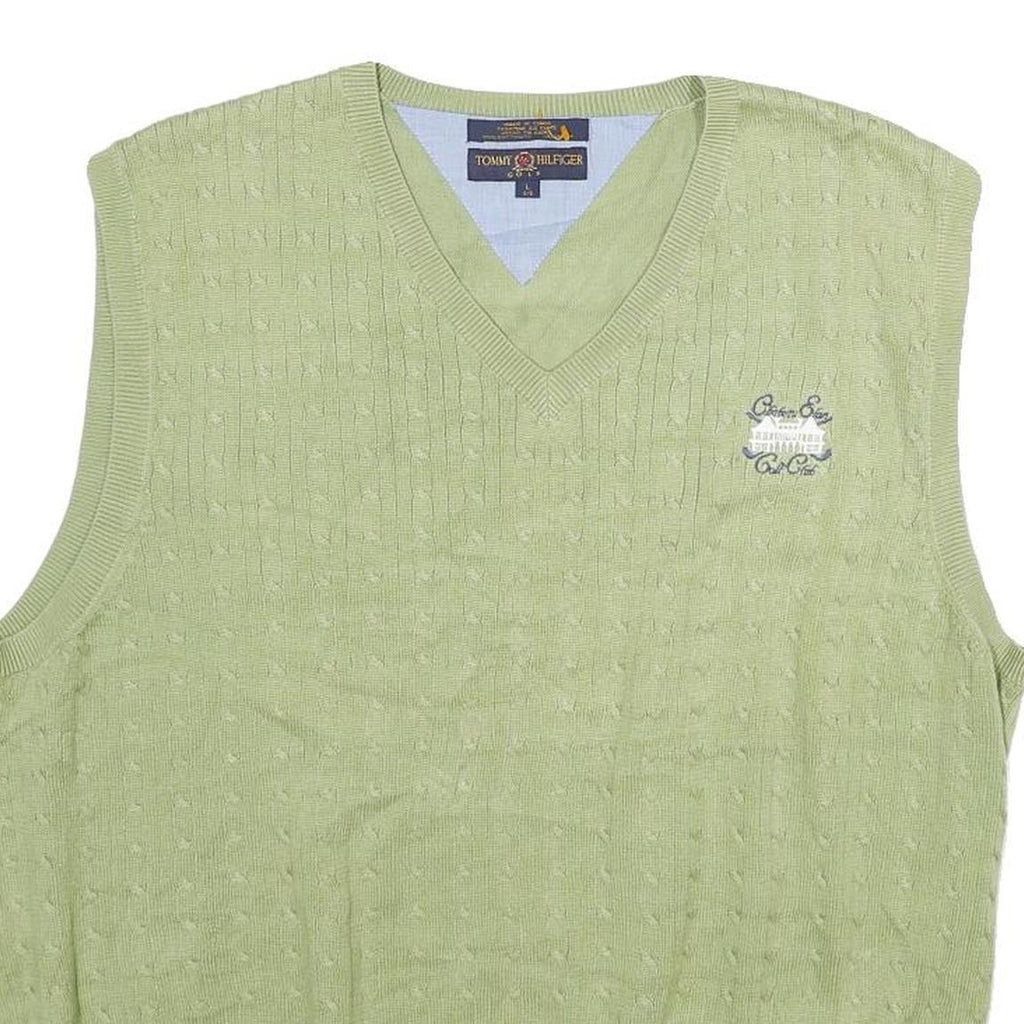 TOMMY HILFIGER Mens Green Cable Knit Cotton Sleeveless V-Neck Jumper L Sweater