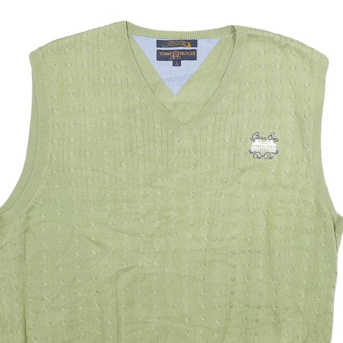 TOMMY HILFIGER Mens Green Cable Knit Cotton Sleeveless V-Neck Jumper L Sweater