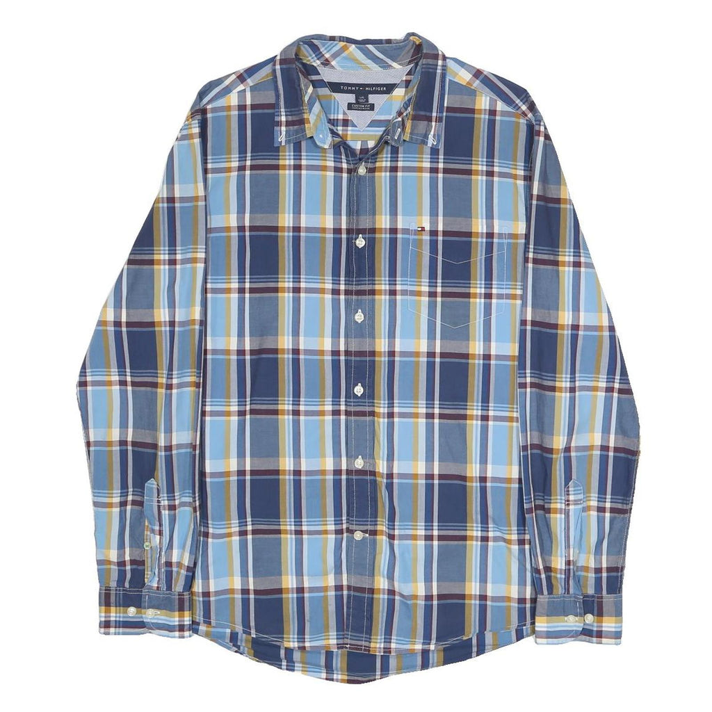 TOMMY HILFIGER Mens Blue Plaid Shirt L Button Down Long Sleeve Cotton Casual
