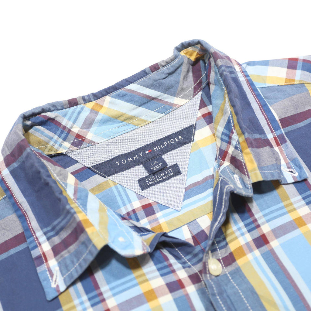 TOMMY HILFIGER Mens Blue Plaid Shirt L Button Down Long Sleeve Cotton Casual