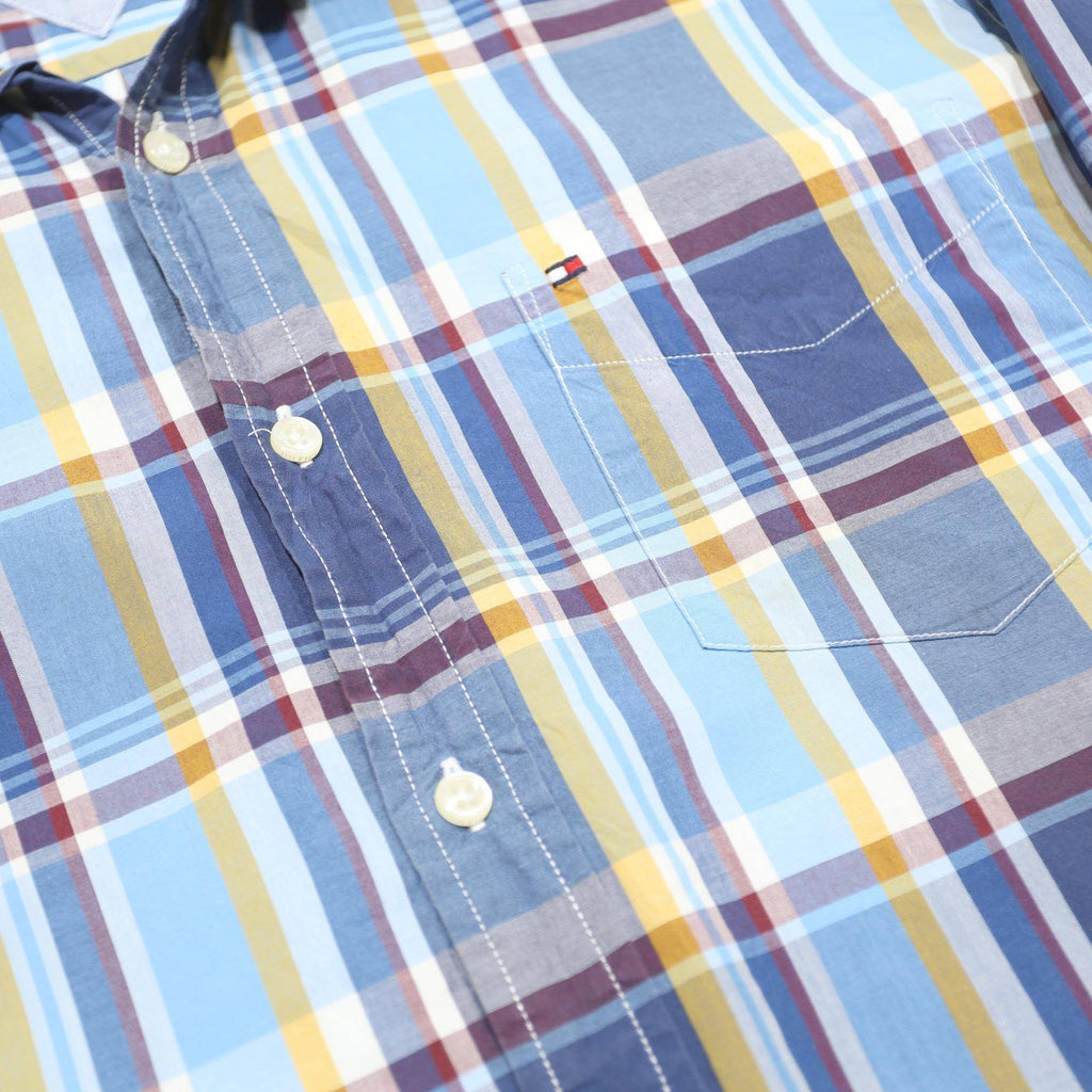 TOMMY HILFIGER Mens Blue Plaid Shirt L Button Down Long Sleeve Cotton Casual
