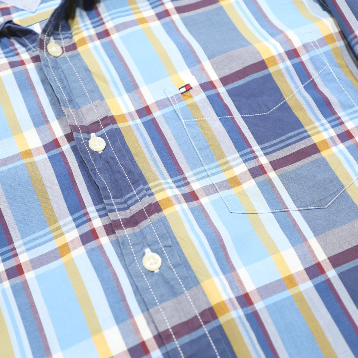 TOMMY HILFIGER Mens Blue Plaid Shirt L Button Down Long Sleeve Cotton Casual