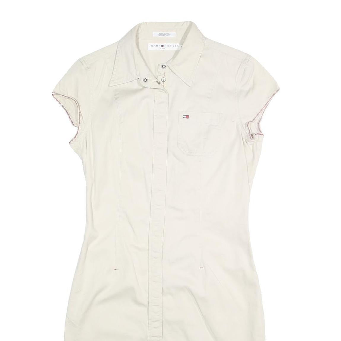 TOMMY HILFIGER Womens Cream Shirt Dress Cotton Blend Short Sleeve UK 8 Casual