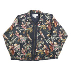 LAVON Womens Black Floral Silk Zip Jacket M Lightweight Elegant Satin Print