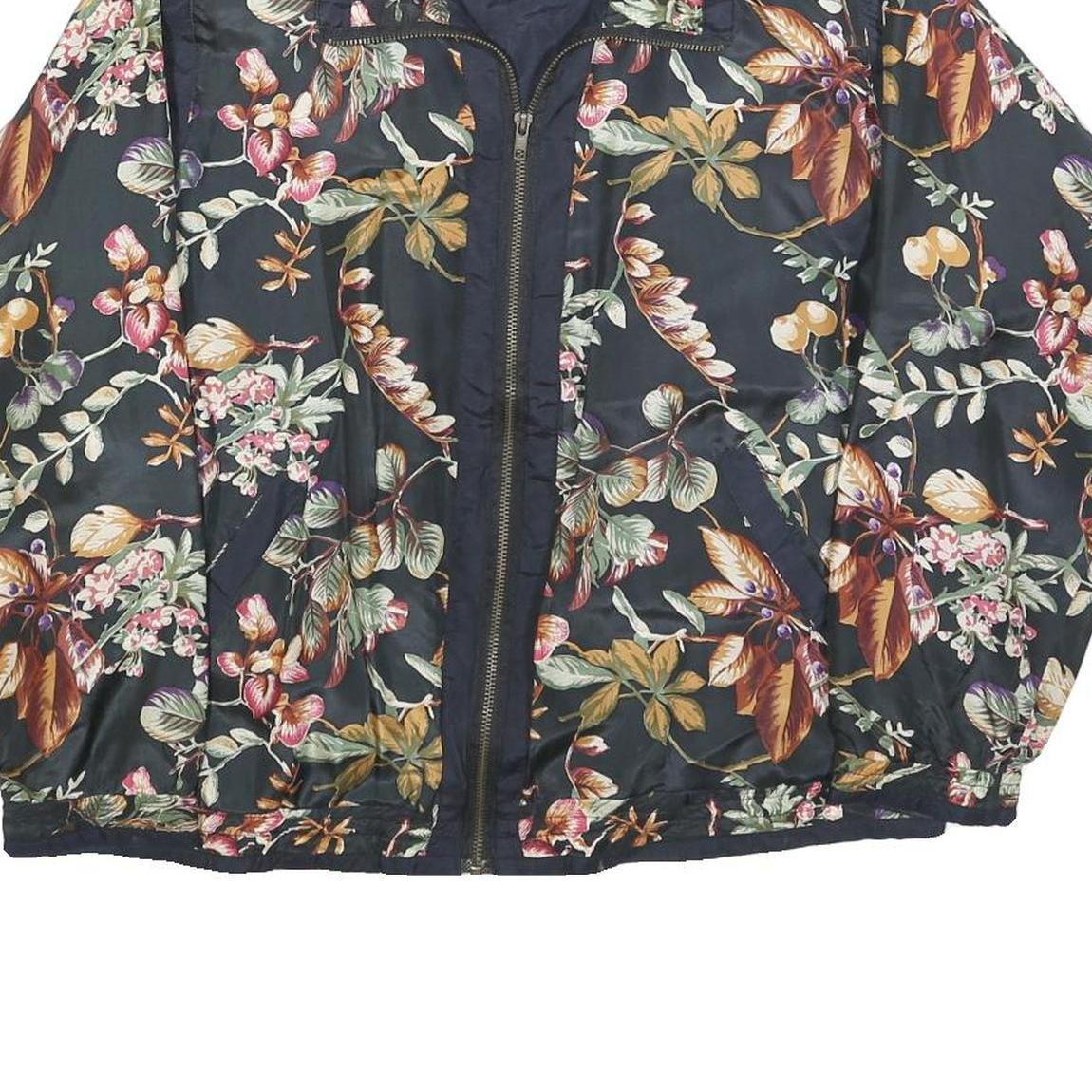 LAVON Womens Black Floral Silk Zip Jacket M Lightweight Elegant Satin Print