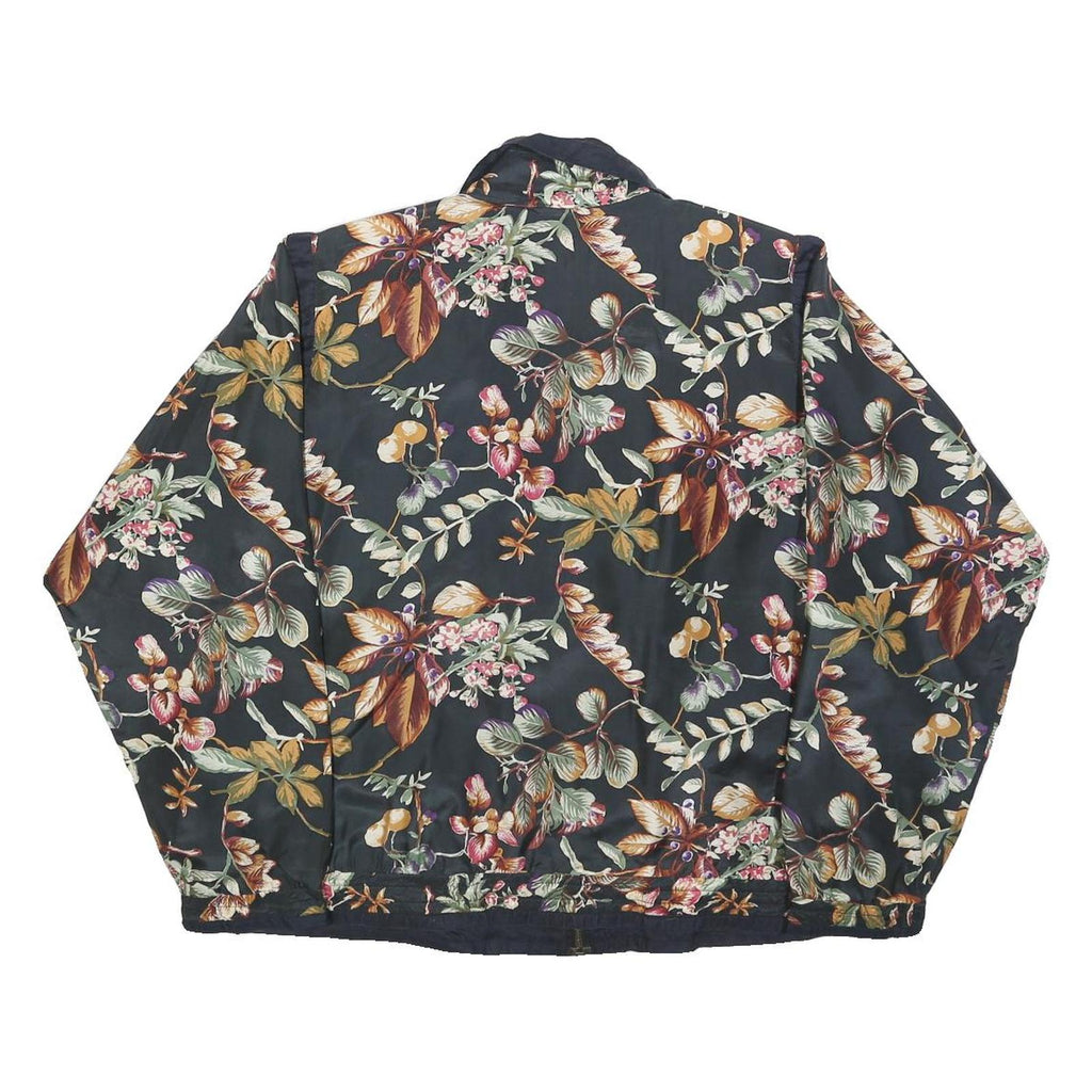 LAVON Womens Black Floral Silk Zip Jacket M Lightweight Elegant Satin Print