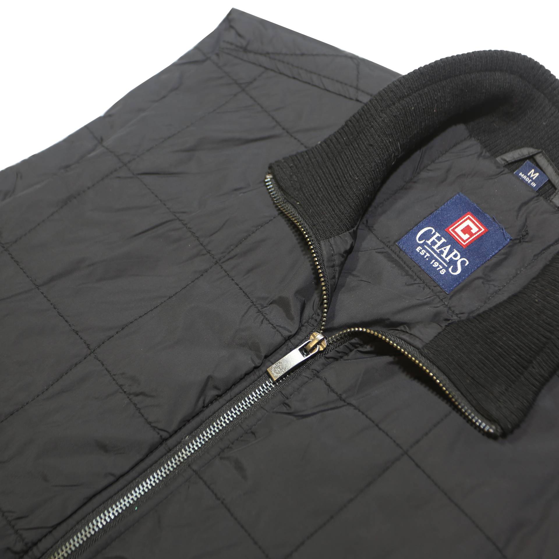 CHAPS Mens Black Quilted Jacket M Polyester Zip Closure Comfort Outerwear