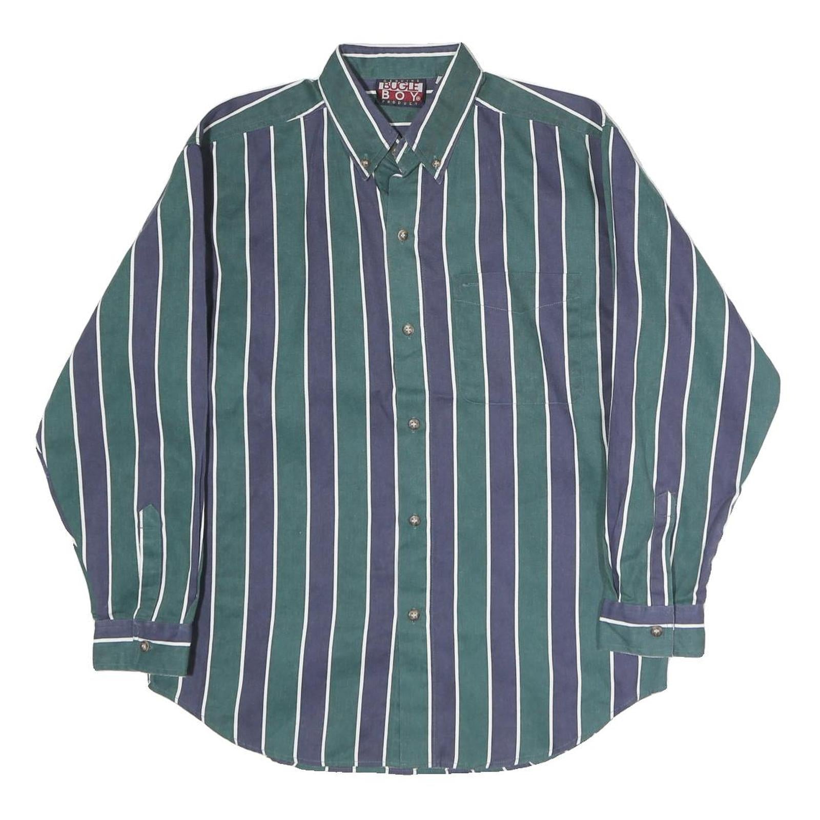 BUGLE BOY Mens Green & Blue Stripe Button-Down Cotton Shirt L Classic Fit Long