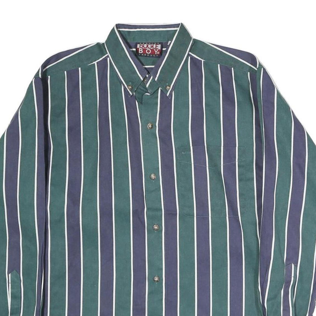 BUGLE BOY Mens Green & Blue Stripe Button-Down Cotton Shirt L Classic Fit Long