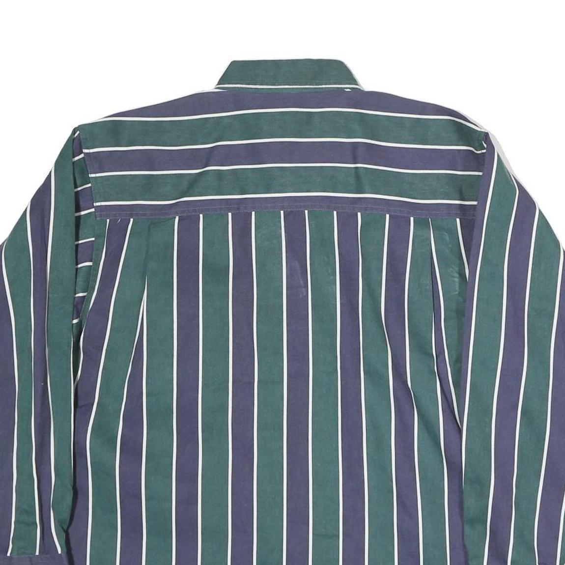 BUGLE BOY Mens Green & Blue Stripe Button-Down Cotton Shirt L Classic Fit Long