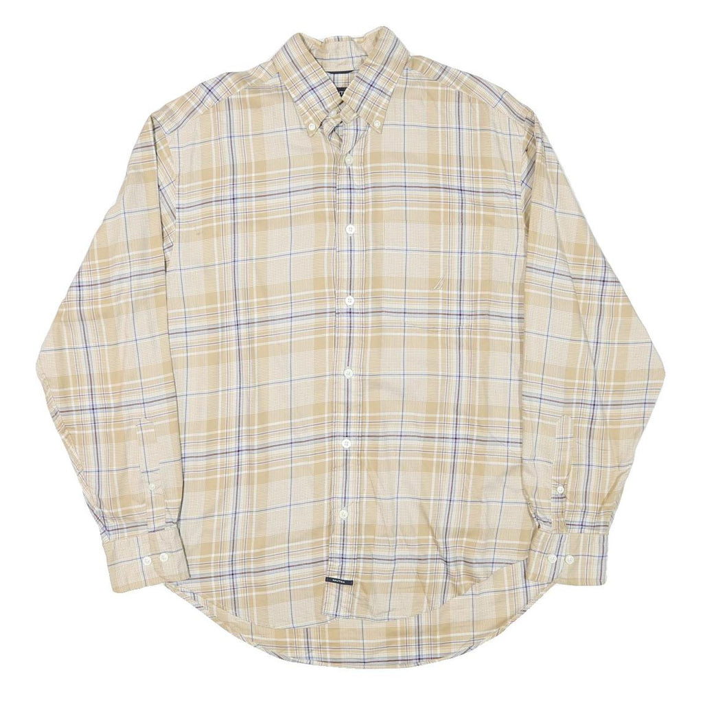 NAUTICA Mens Beige & Blue Check Shirt M Cotton Blend Button-Down Long Sleeve