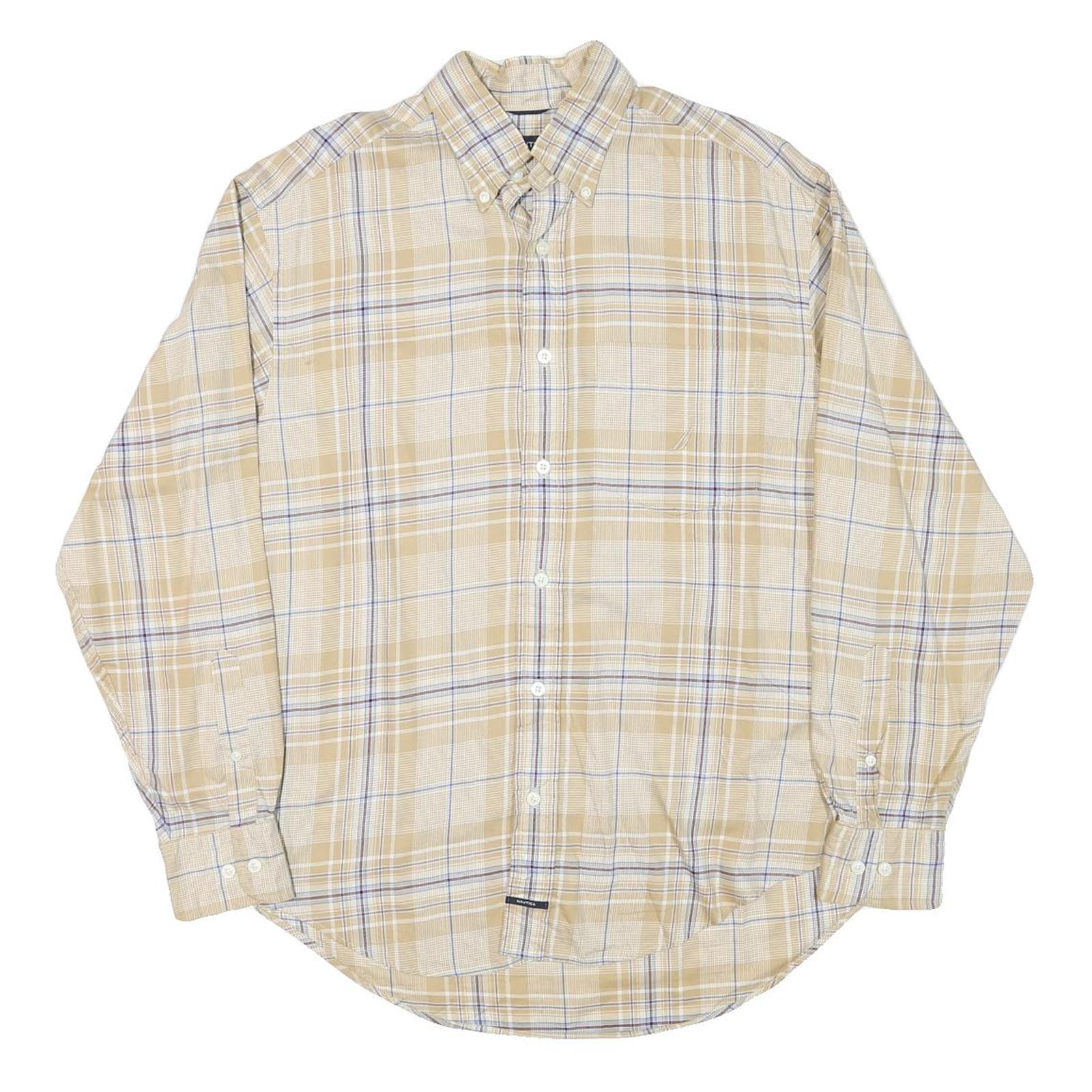 NAUTICA Mens Beige & Blue Check Shirt M Cotton Blend Button-Down Long Sleeve