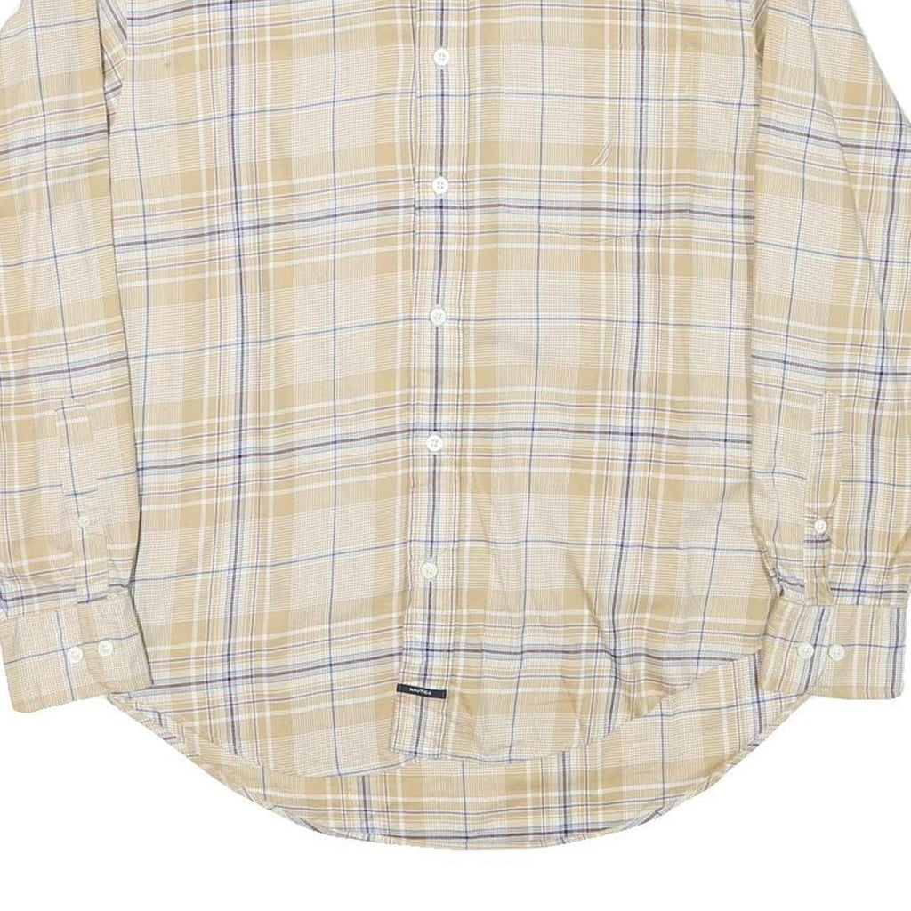 NAUTICA Mens Beige & Blue Check Shirt M Cotton Blend Button-Down Long Sleeve