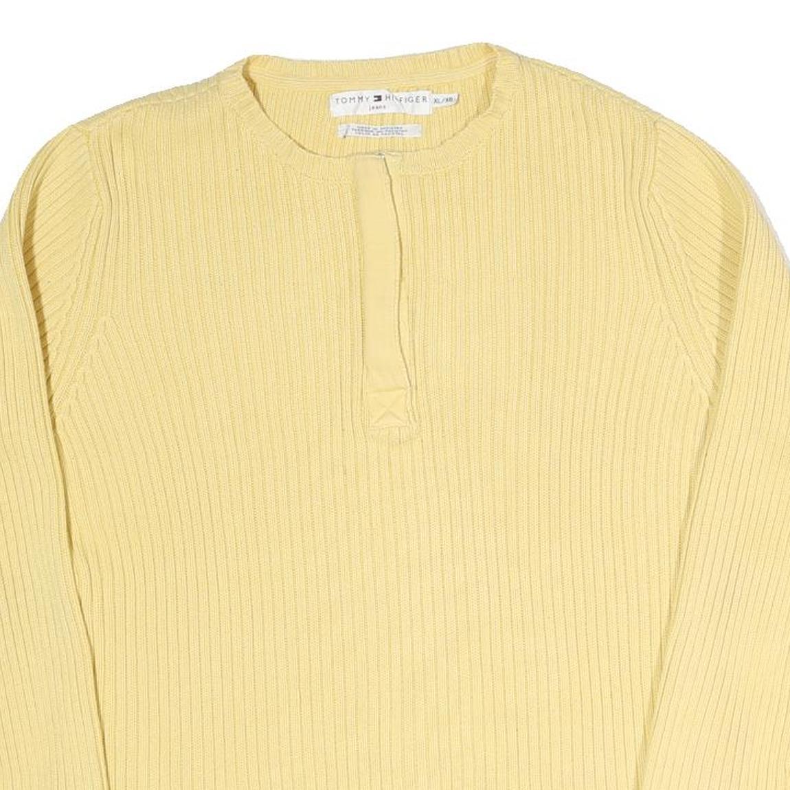 TOMMY HILFIGER Womens Yellow Plain Cotton Blend Jumper Round Neck Tight Knit XL