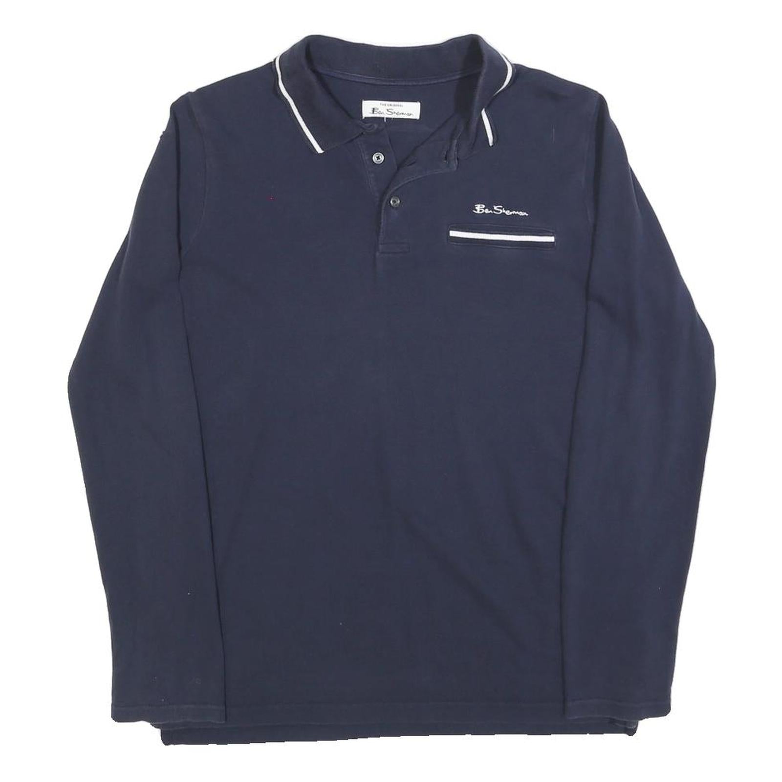 BEN SHERMAN Mens Navy Blue Long Sleeve Plain Polo Shirt S Cotton Blend