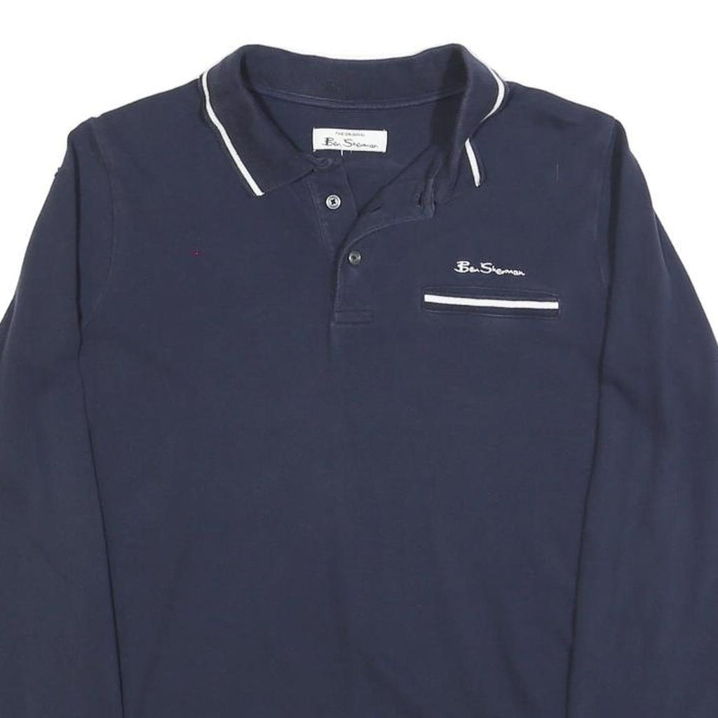 BEN SHERMAN Mens Navy Blue Long Sleeve Plain Polo Shirt S Cotton Blend